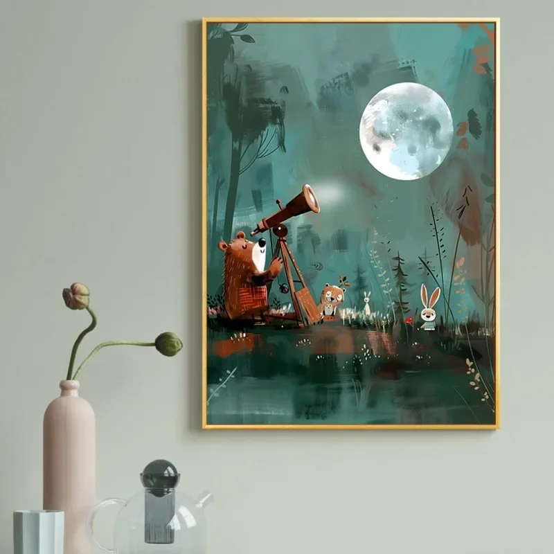 Woodland Animals Canvas Print Cozy Forest Friends Campfire Poster Little Night Creature Cartoon Crescent Moon Nursery Home De