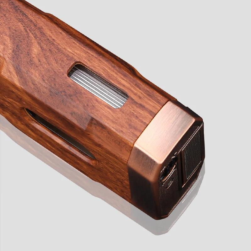 Inflatable windproof wood grain cigar lighter with high firepower and high-pressure direct flame V-shaped cigar cutter Cross bor