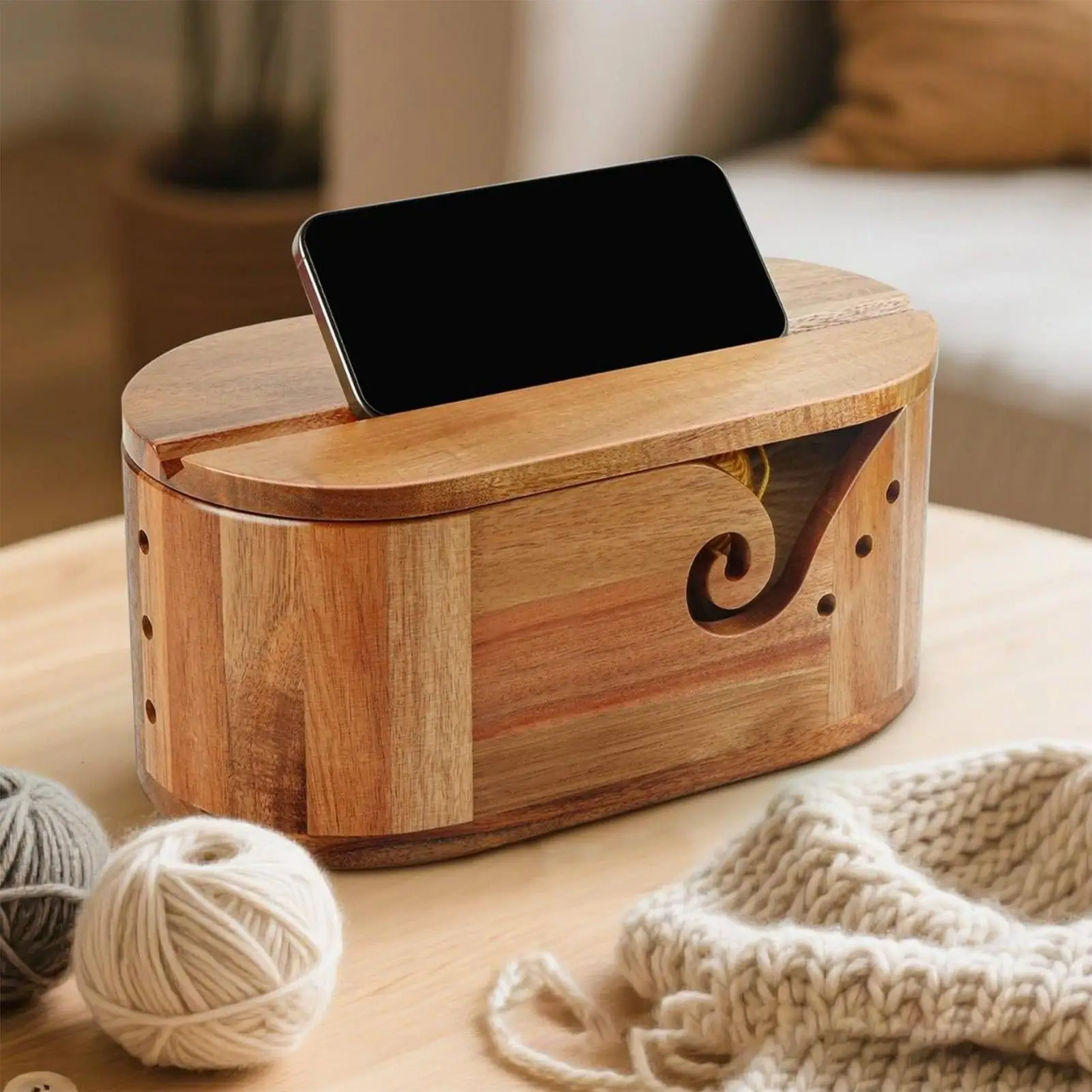 

Oval Wooden Yarn Bowl with Lid Smooth Knitting Yarn Storage Holder Crochet Bowl with Double Curling Slot for Crocheting