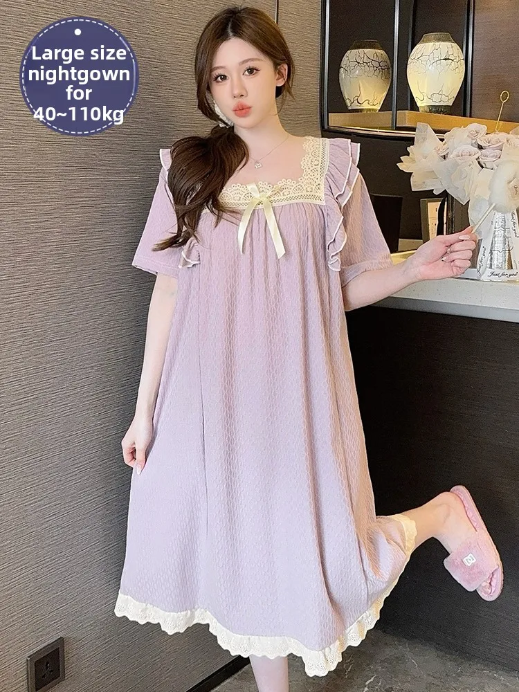 

plus Size Pure Cotton ort Sve Sp Dr Women's Sweet Princ Sle Home Clothes Comfortable Breathable Summer Nightgown