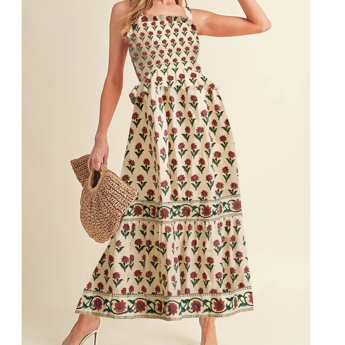 2025 nova coleção feminina flor impressão vestido longo sem mangas fino ajuste bodycon em camadas vestido de verão vestido justo casual