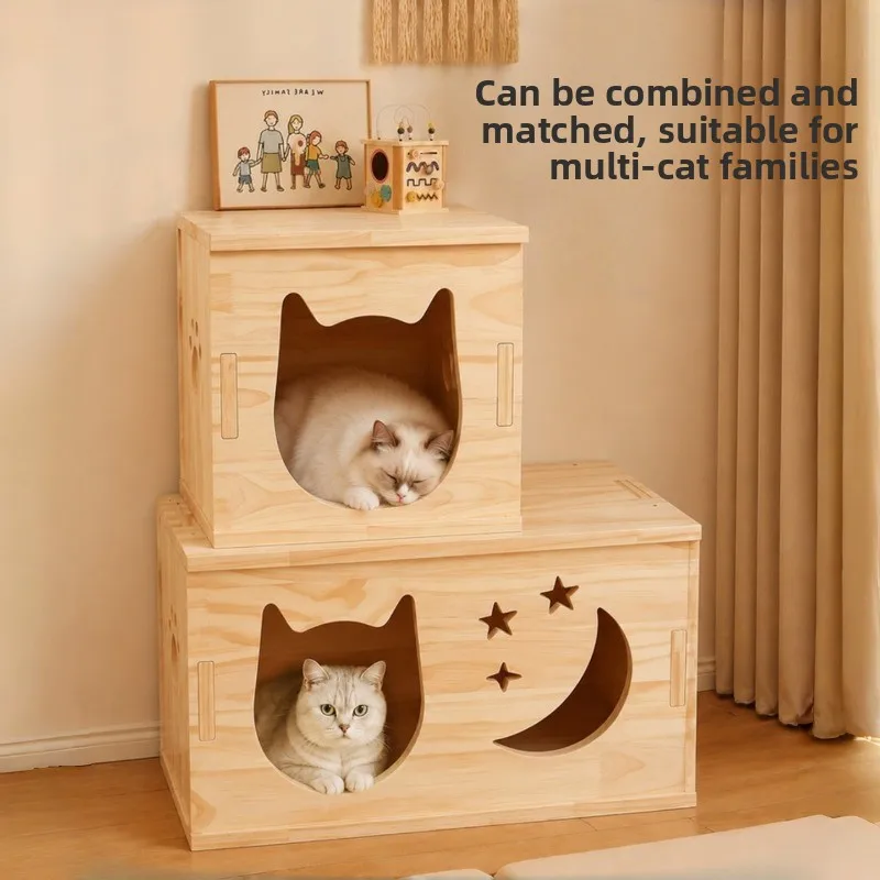 Solid Wood Cat Nest All-Season Semi-Enclosed Cat Cage Living Room Nightstand Cat Hideaway Pet Bed Outdoor Indoor Use