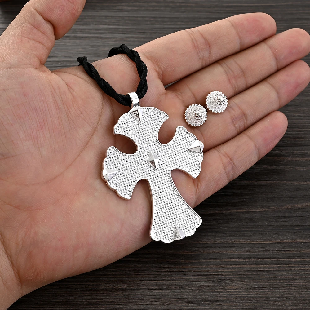 Ethiopian Traditional Cross Silver Color Pendant & 1CM Small Earrings Jewelry Sets Eritrean Habesha Gift
