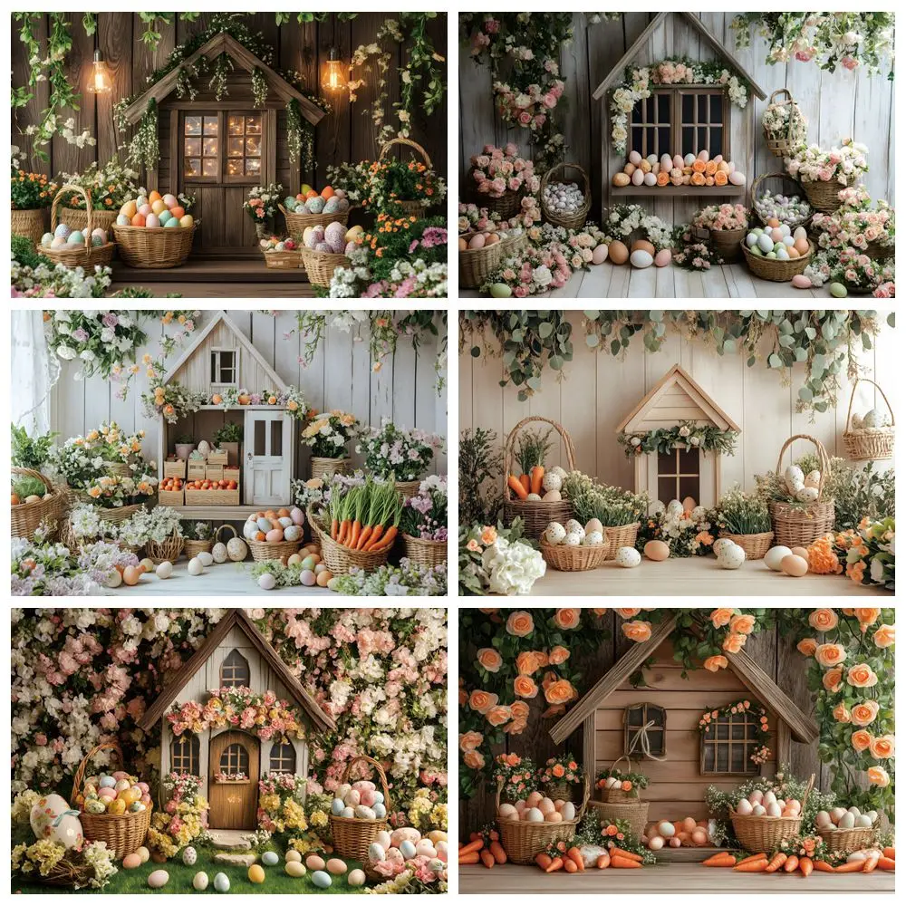 Easter Photography Background Little Cabin Flower Eggs Basket Baby Shower Kid Birthday Party Portrait Photo Backdrop Photostudio