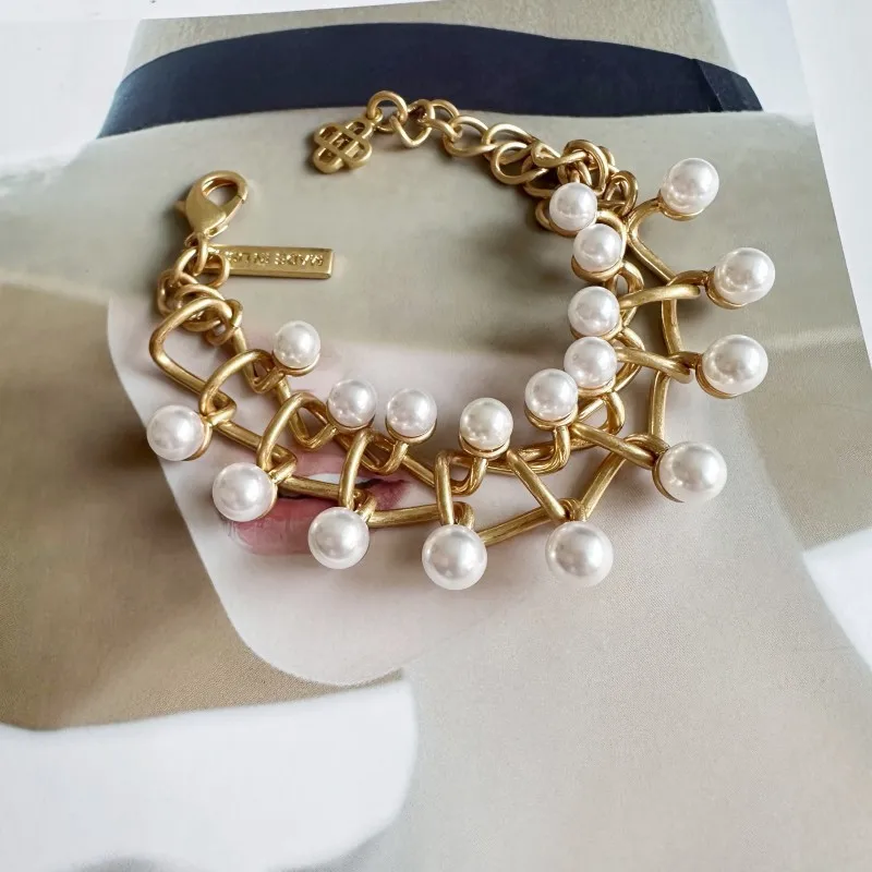 Os Runway New Arrival Brass Interlocking 9-Ring Pearl Bracelet & Necklace Set, Elegant Mismatched Layering Jewelry
