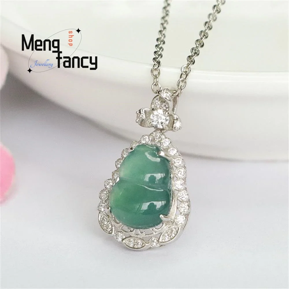 S925 Silver Lnlaid Natural A-goods Jadeite Exquisite Elegant Simple High-grade Blue Water Gourd Pendant Luxury Quality Jewelry