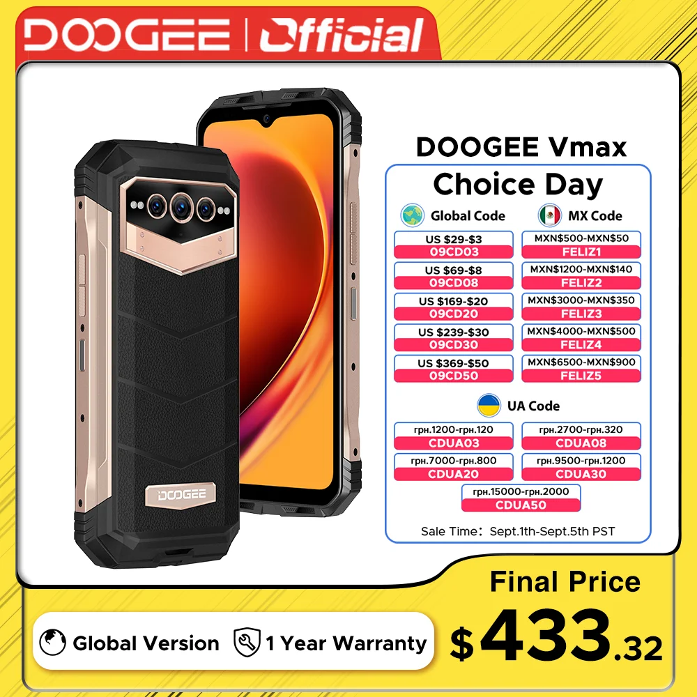 Doogee-V Max 5G Telefone Robusto, Versão Global, 6.58 ", 120Hz, Dimensão 1080, Hi-Res, 108MP AI Câmara Principal, 12GB RAM, 256GB ROM, 22000mAh