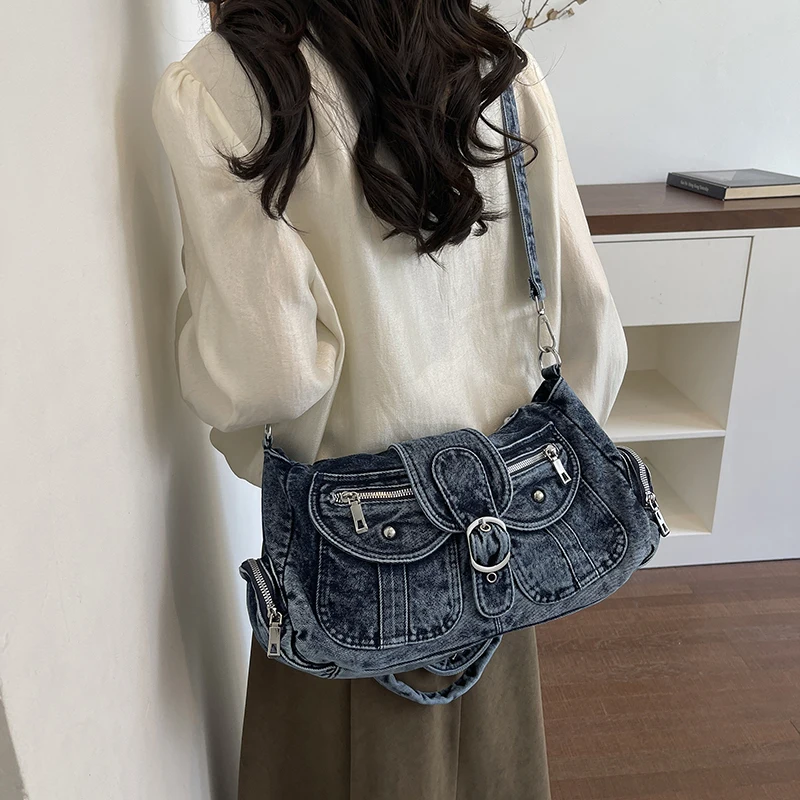 Women Vintage Washed Denim Hobo Crossbody Bag Multi Pocket Rivet Detail Y2K Style Shoulder Purse 2026 New Trend Handbags view 4
