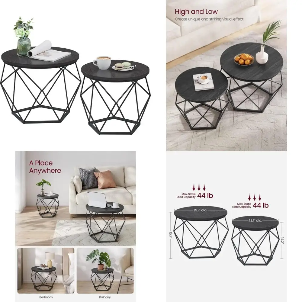 

Round Coffee Table Set of 2 with Steel Frame, Modern Side End Tables for Living Room, Bedroom, Office, Charcoal Accent Furniture