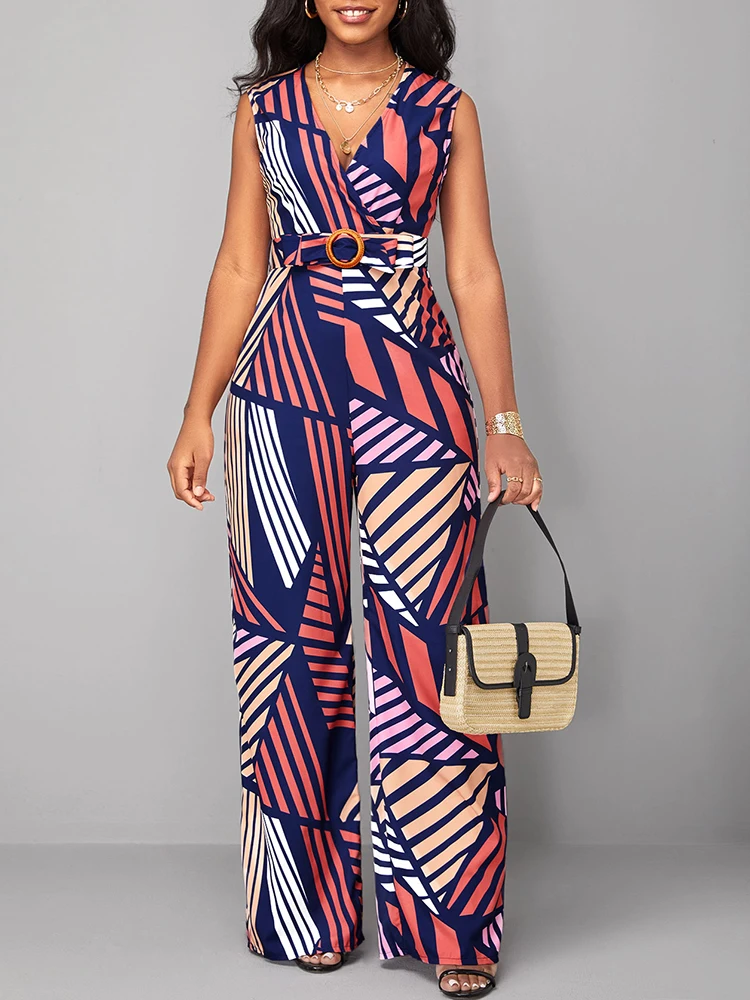 2023 New Summer Geometric Printed Sleeveless V-neck Jumpsuit of One Fashion Casual Pieces for Women Elegant Female