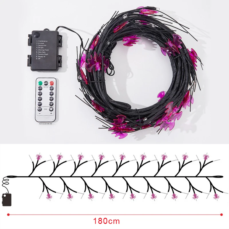 LED Vine Tree Lights Halloween Decor Purple Spider String Lights 8 Modes Waterproof Fairy Lights For Halloween Party Garden