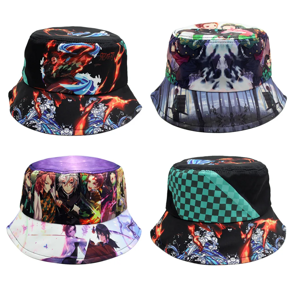 New Anime Demon Slayer Bucket Hat Reversible Two Sides Bob Panama Caps for Girls Boys Japanese Anime Woman Fisherman Hats Sunhat