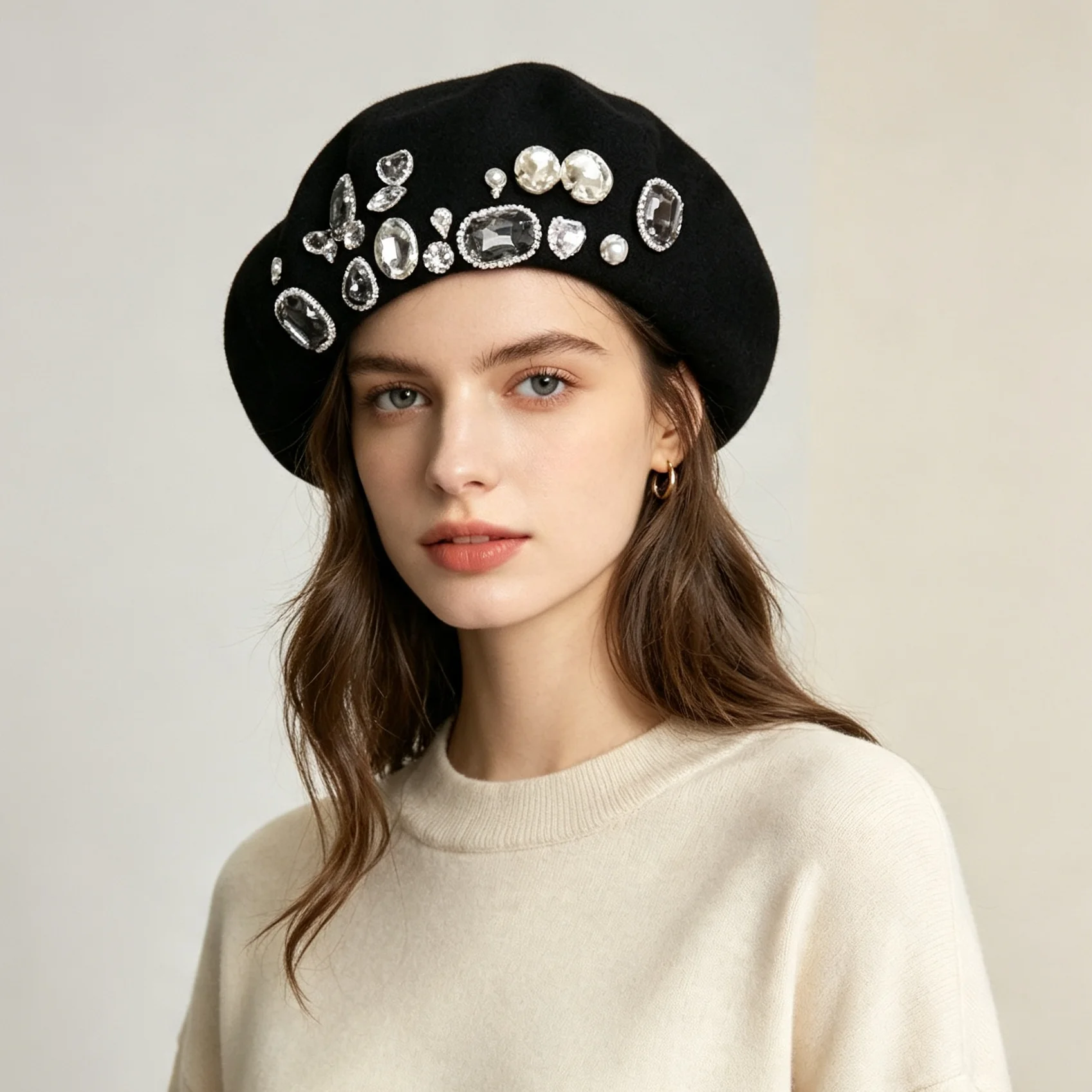 Berets Women Hat Brimless Stretchy Comfortable Pearl Y2K Cap Autumn Female Flat Wool Blend Lolita Girls Painter Caps