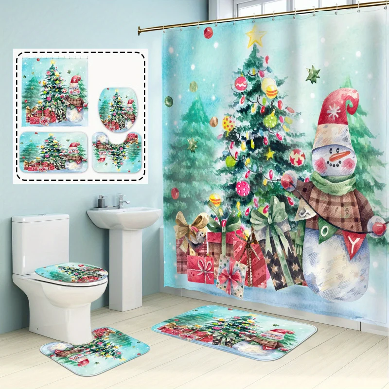 4'lü Banyo Seti Kardan Adam ve Noel Ağacı Tasarımı - Pastoral Temalı Polyester Banyo Perdesi, 12 Kancalı, Leke