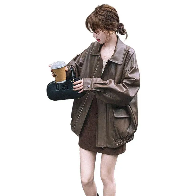 Giacca da donna streetwear retrò allentata corta in ecopelle Pu primavera autunno cappotto con cerniera femminile capispalla da motociclista vintage