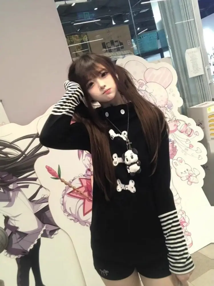 Y2k ボディコンアメリカンヴィンテージ長袖黒パーカーストライプ女性カジュアルパッチワークコート春秋甘い 2025 新着