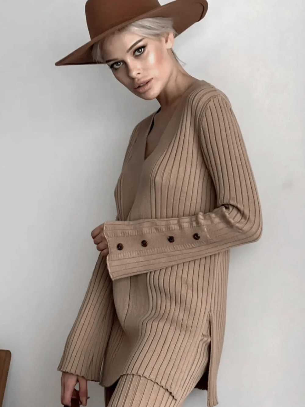 Wixra Women Sets Solid Autumn Winter V Neck Buttons Pullover Sweater+High Waist Trousers Knitwear Elegant Female Suits