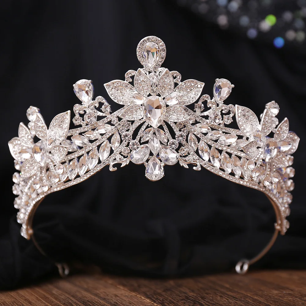 DIEZI 7 Colors Elegant Baroque Queen Big Flower Crystal Tiara For Women Wedding Girls Party Crown Hair Dress Jewelry Accessories