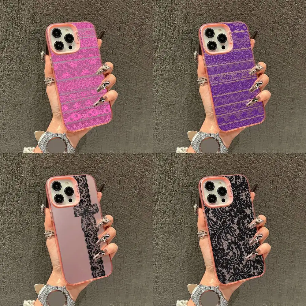 

Fashion Purple Cool Black Lace Print Phone Case For iPhone 16,15,14,13,12,11,Mini,Pro,E,SE4,XS,MAX Pink IMD Box