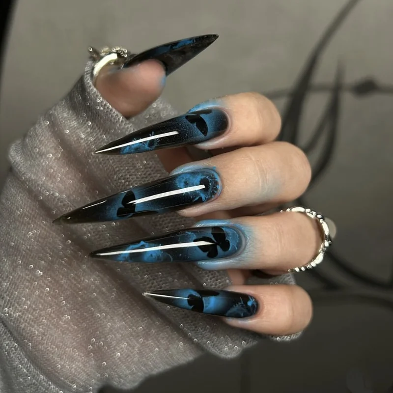 

k Blue adient Wing Носимые ногти Длинные дуговые кончики Прохладные и пряные девушки Накладные ногти Финированный продукт Nail Art Sti...