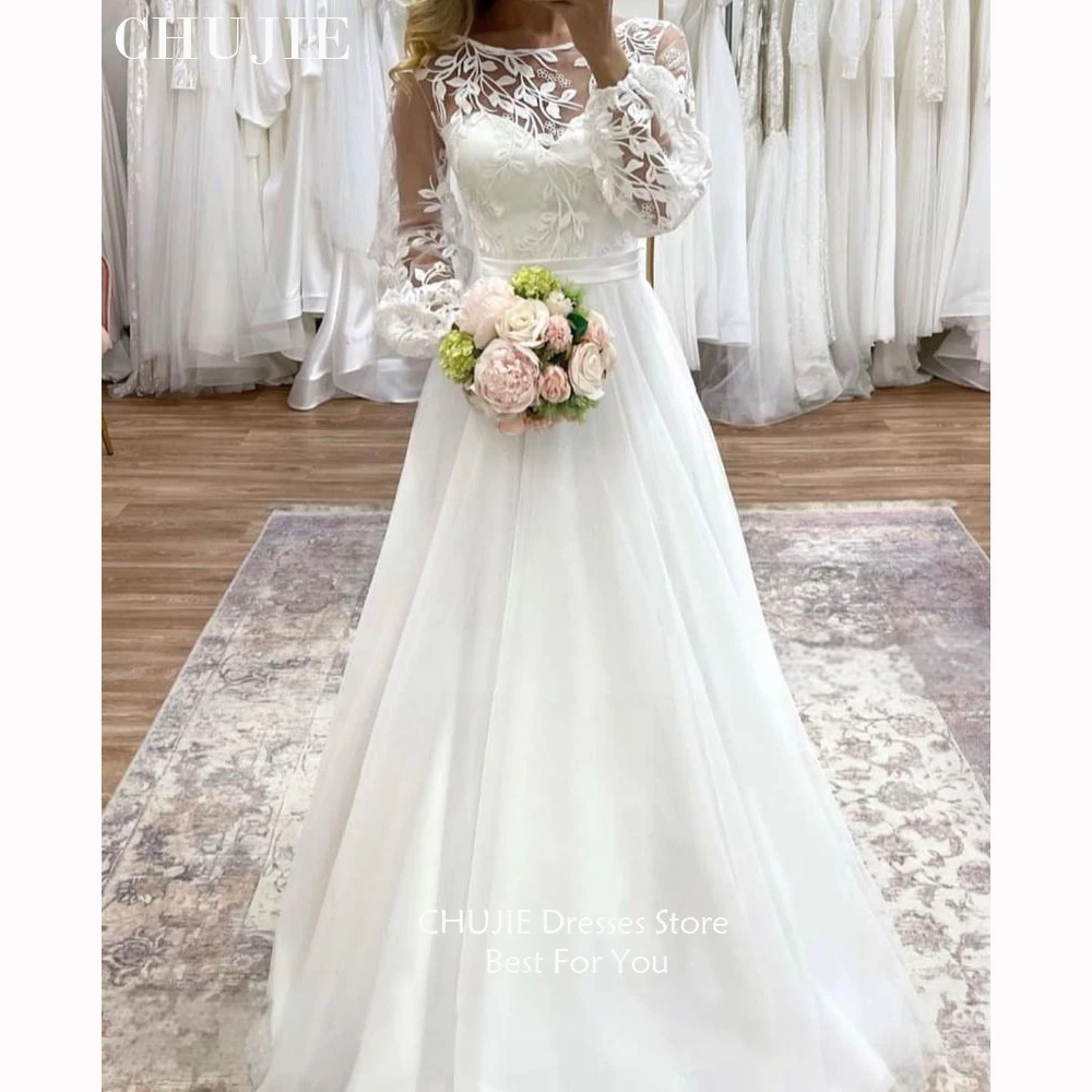 

CHUJIE A Line Pleated Bridal Gowns White Classic Appliques Wedding Dresses Woman Elegant Long Sleeve Customized Vestido de novia