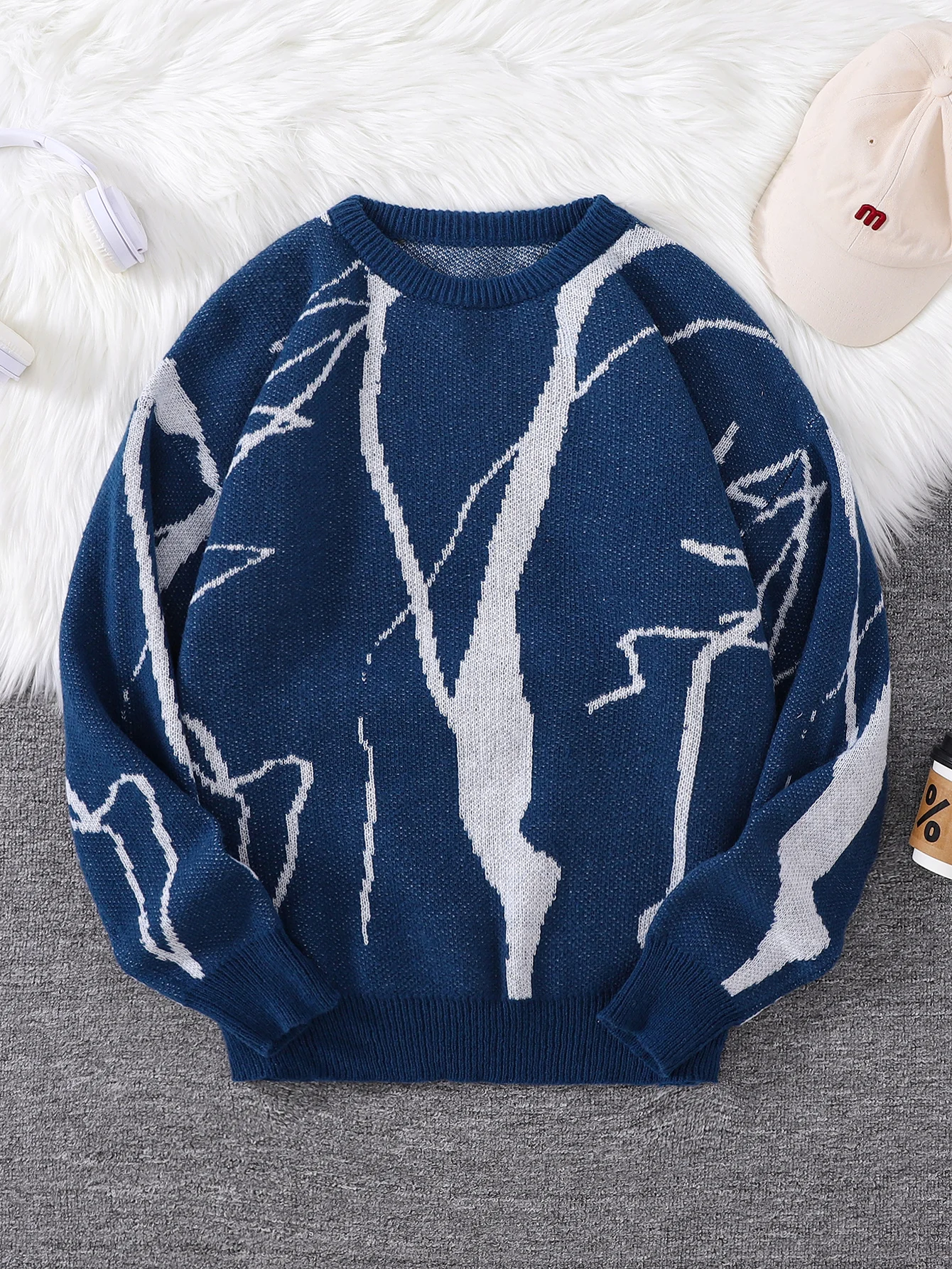 

Street Graffiti Pattern Pullover Sweater, Casual Round-Neck Knit Men's Pullover, Suitable for Everyday Wear, Unisex Top for Going Out, Regular Fit, Suitable for Autumn and Winter