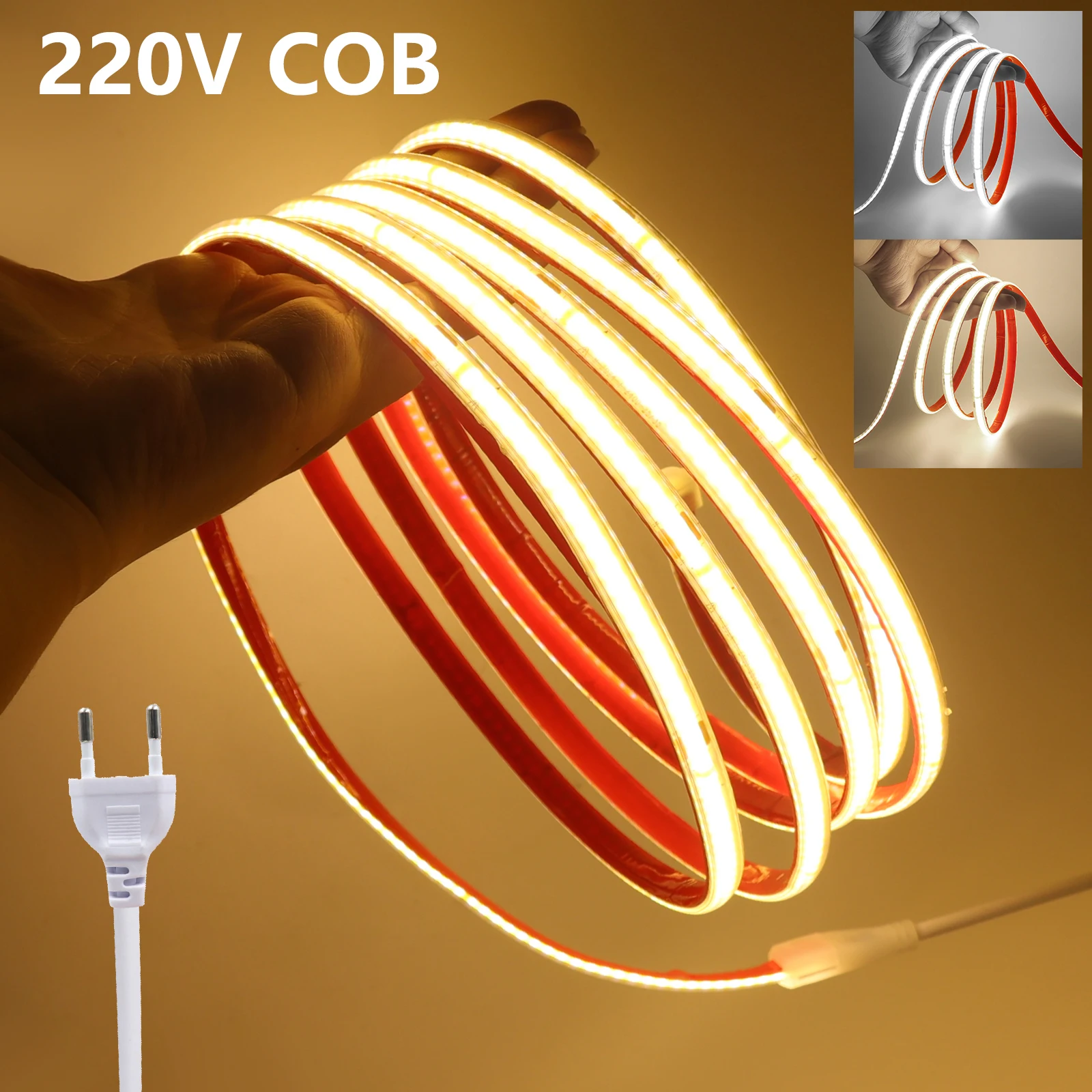 COB LED Strip 220V 240LEDs/m Waterproof Adhesive LED Light 3000K 4000K 6000K Flex Tape EU Power Plug Kit 0.5m 5m 10m 20m 30m 40m