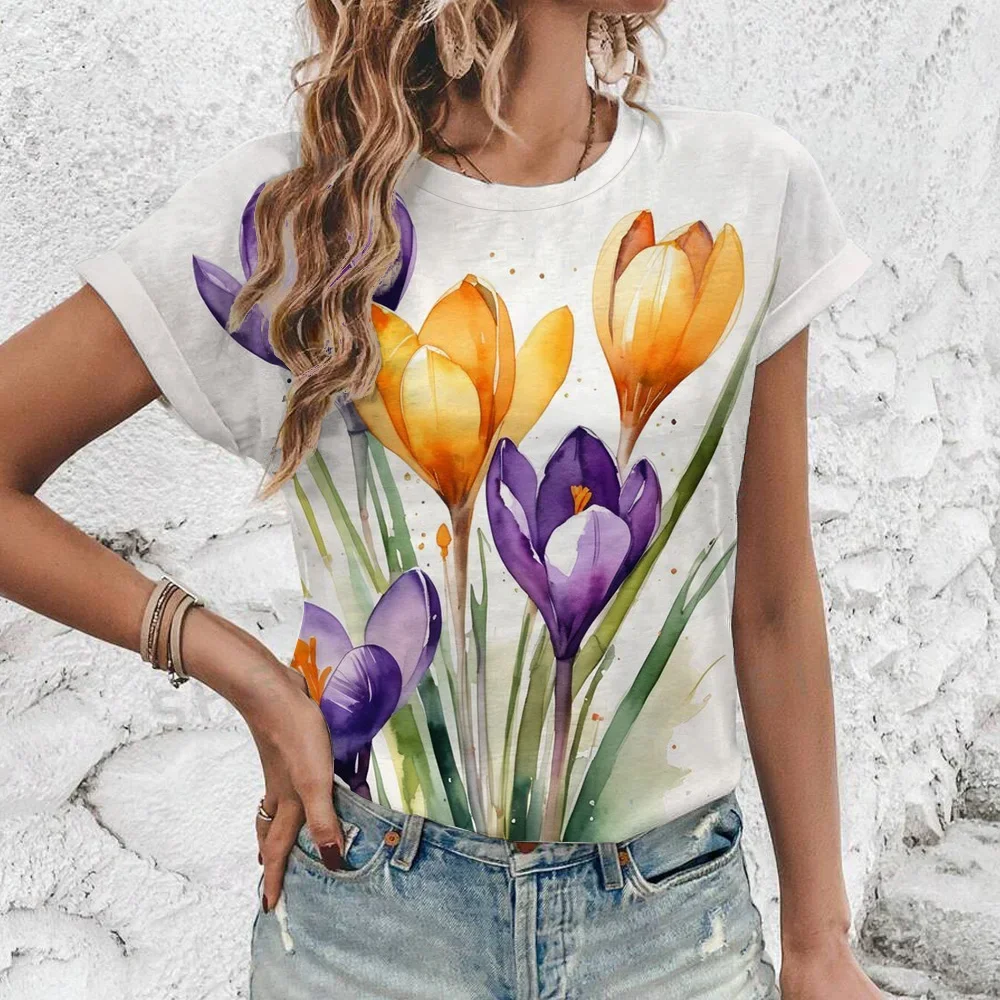 Women's Fashion apparel 3D printed pattern flower women's short sleeve T-shirt 2024 summer casual women's top T-shirt