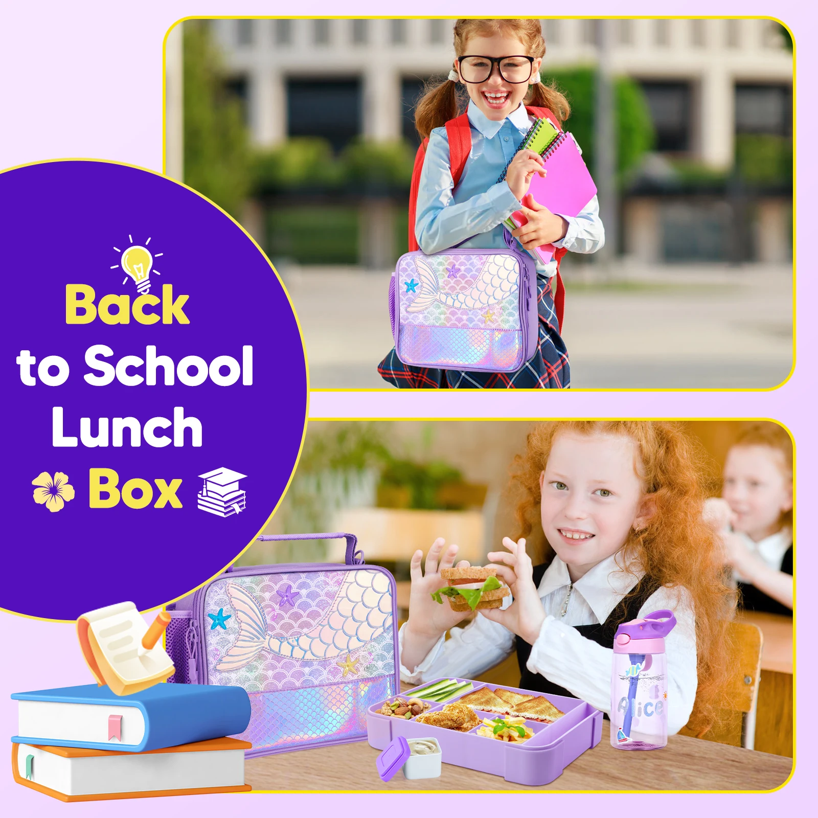 Kids Lunch Box for School Mermaid Prints Leak-Proof 6-Compartment Bento Box with Insulated Lunch Bag Microwave Safe Purple Pink