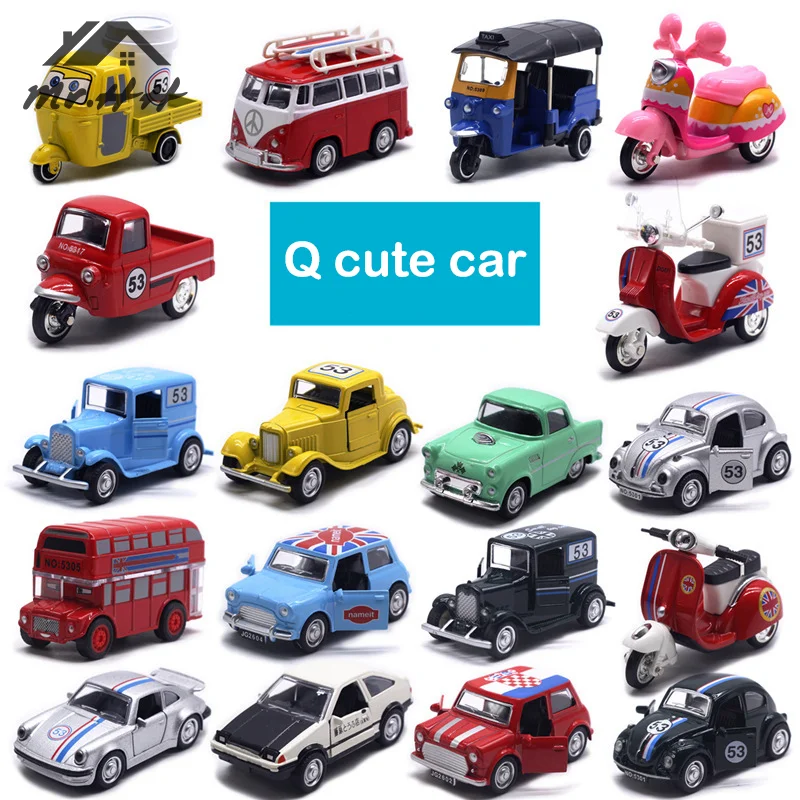 Cute Die-casting Alloy Retro Car Bus Motorcycle Cab Model Ornament Toys For Children Holiday Gift Pull Back Sliding Toys