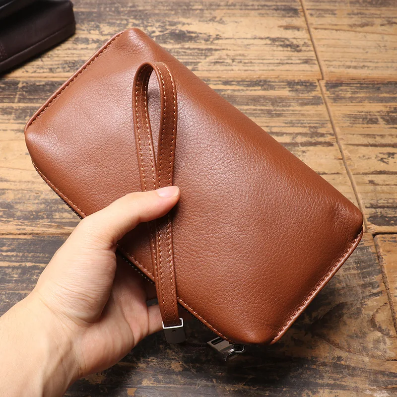 

LJ-1989 Men's Leather Handbag with Soft Leather Zipper, Long Wallet, Top Layer Cowhide, Casual Mobile Phone Bag