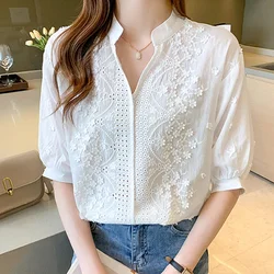 New Short Sleeve Blouse Women 2024 V-neck Women's Clothing Fashion Summer Tops Woman Embroidery Cotton White Shirts Blusas 14204