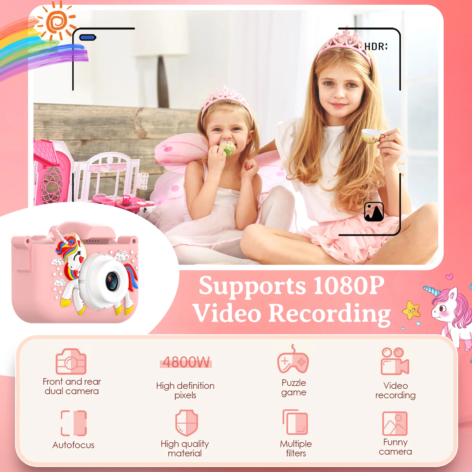 CNCBSR Kids Camera Toys Unicorn Children Digital Camera 2 Inch Screen Front and Rear Dual Camera Birthday Gifts for Kid 32G