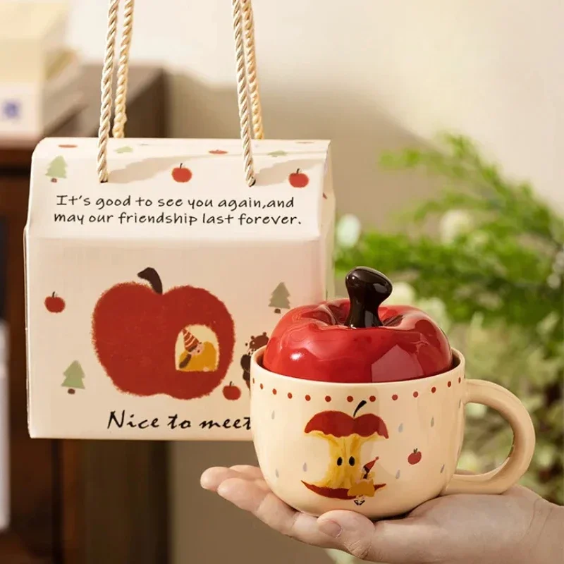 Apple-Shaped Ceramic Mug with Lid and Spoon Vintage Water Cup Christmas Gift Coffee Mug Girls' Milk Breakfast Cup Charming