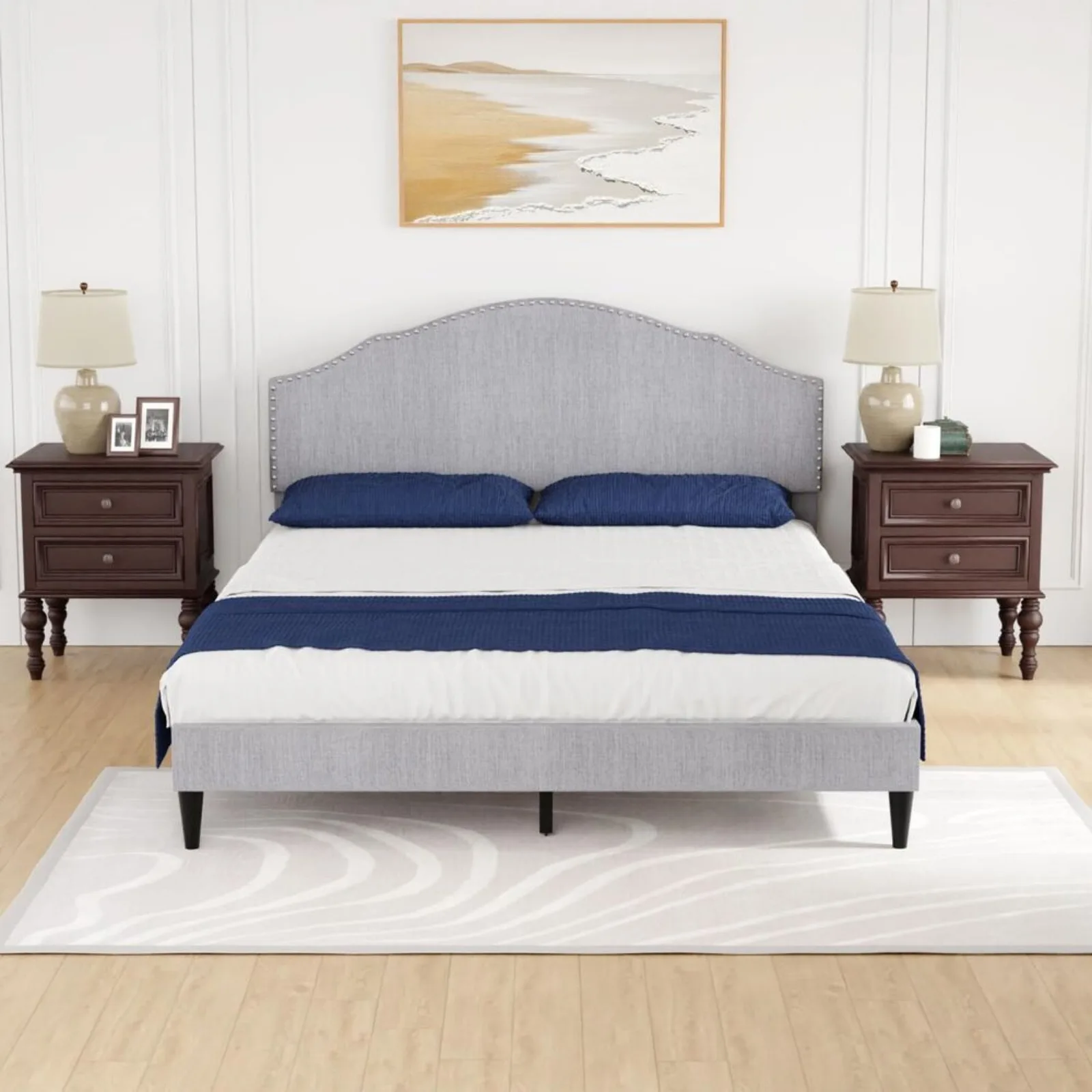 Upholstered Platform Bed Frame with Fabric Headboard and Wooden Slats Support United States