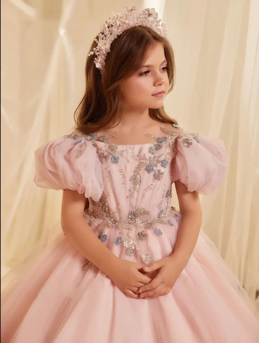 Abiti da festa per bambini Glitter di lusso strati abito da ballo ragazza abito da principessa Appliques di fiori vestito da bambina