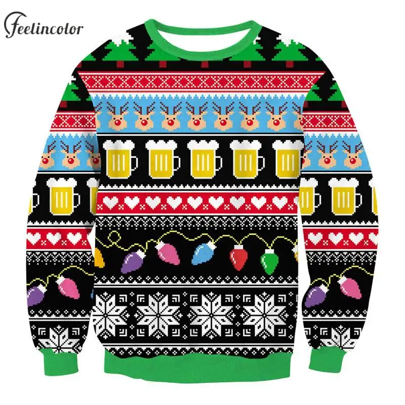

Ale Couple Ugly Christmas Graphic Sweatshirts Elk Snowflakes Love Printed Pullover Green Crewneck Hoodies Autumn Male Clothing