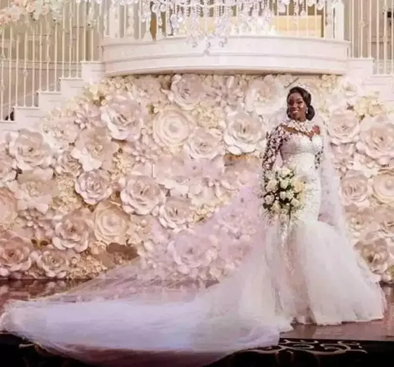 Customized Long Sleeves Mermaid Wedding Dress White Beads Appliques Illusion Bodice Plus Size African Bride Gowns