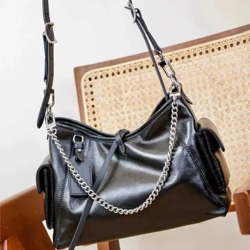 Black Tied Chain Tote Women Leather Large Capacity Ing Shoulder Ladies Retro Sle Commute Casual Crossbody Bag 2025