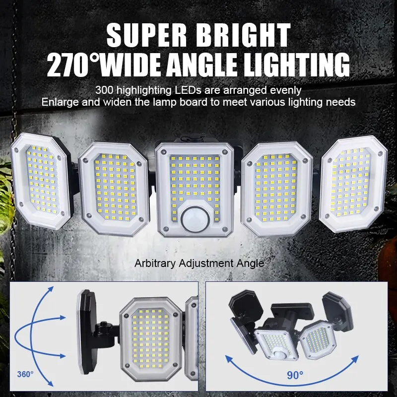 3Modes Split Type Sensor Wall Light Solar Powered 300 LEDs 270°Wide Angle Lighting Remote Control for Courtyard Garden Carport