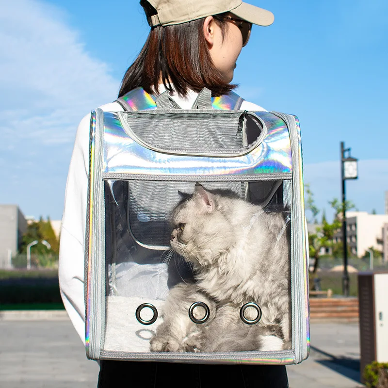 Large Space Transparent Pet Backpack, Portable Breathable Clear Cat Carrier Backpack Outdoor Travel Cat Shoulder Bag