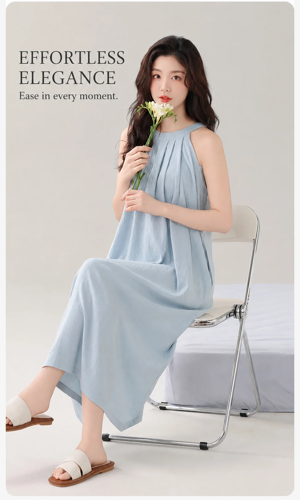 Damen Gepolstertes Ärmelloses Nachthemd mit Eingebautem BH, Herausnehmbaren Polstern, Langes, Weiches Schlafkleid, Sommer-Loungewear, Hauskleid mit Tasche – Detail 8