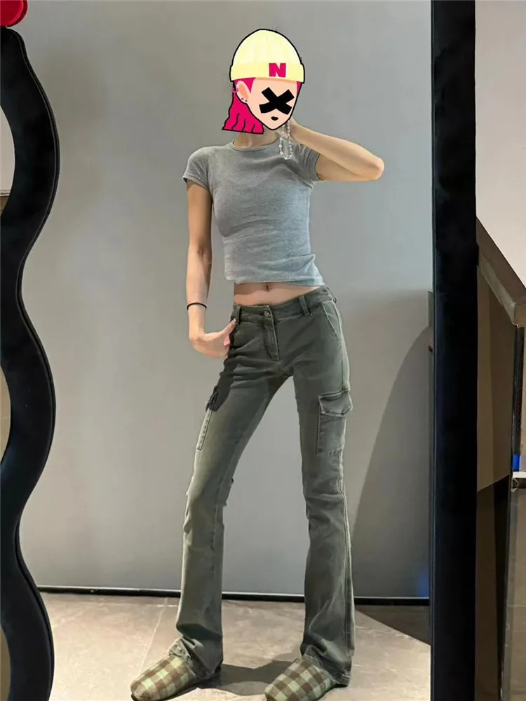 

Американские джинсы-клеш цвета хаки для женщин, осенне-зимние, с множеством карманов, удлиненные, облегающие, эластичные, рабочая одежда...