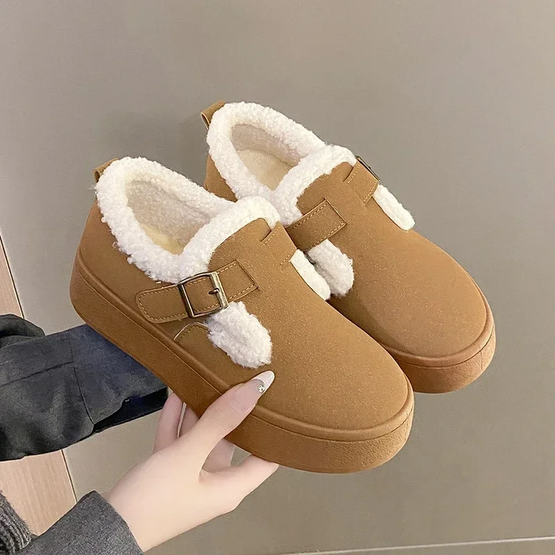 

Women's Low-cut Boots Buckle Plush Lining Thick-soled Beanie Shoes Mid-heel Slip-on Round-toe Outdoor Non-slip Fashion Shoes