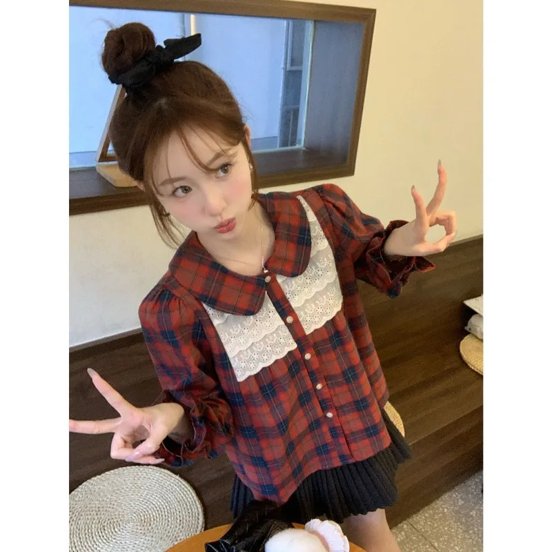 Camicie da donna con colletto scozzese con bottoni moda primavera estate Femme T-shirt a maniche lunghe versatile in cotone sottile con pizzo vintage