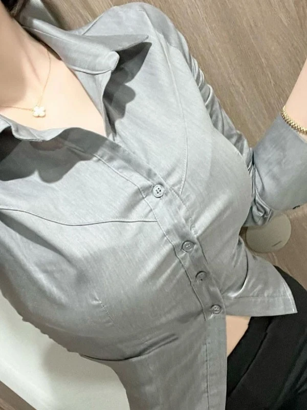 Fashionable Comfortable Sexy Self-Preservation Long Sleeve Pleated  Collar Women's Shirt Show Figure Feminine Style Cotto...