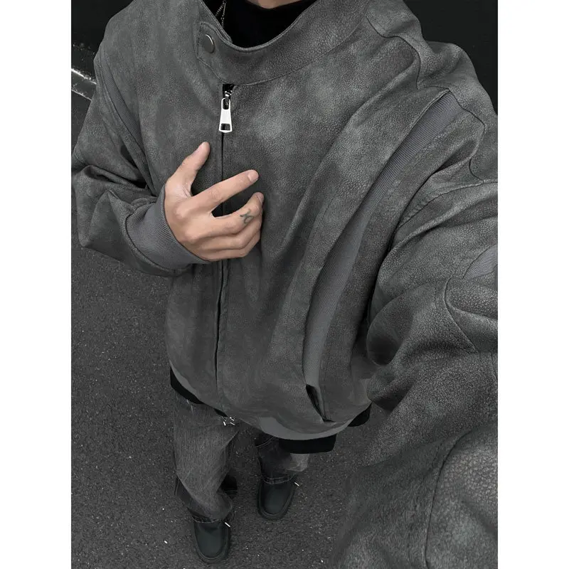 

Retro Tie Dye Motorcycle Leather Jaet Men's Casual Streetwear Autumn Winter Outerwear for Couples Loose Fit Polyester