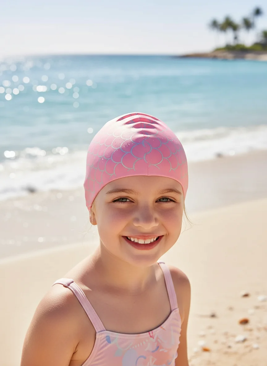 Kids Swim Caps with Fish Tail Baby,Nose Clip,Waterproof Bathing Caps  Swimming Hat for Long Short Hair