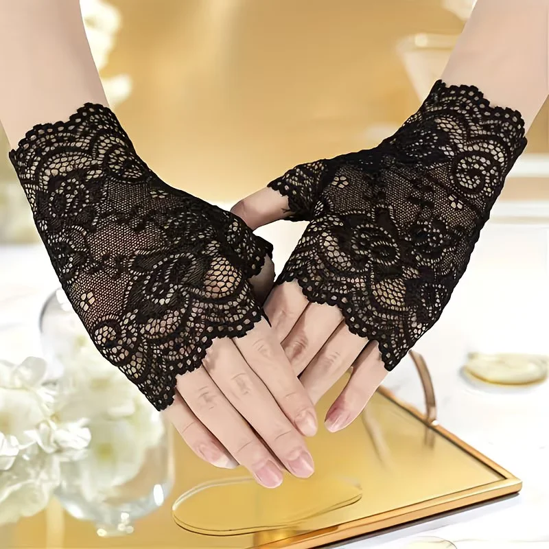 Women'S Elegant Lace Half-Finger Gloves - Semi-Fingerless, Sun-Proof, Black Floral Pattern, Stretch Fit for Outdoor Activities,