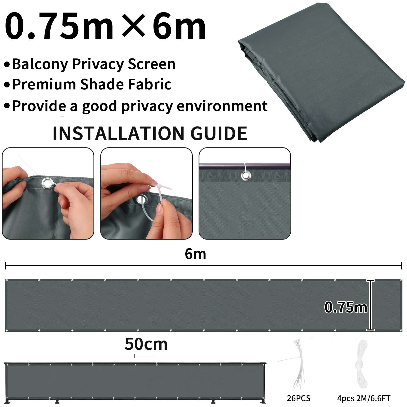 شاشة خصوصية للشرفة مقاومة للماء، شاشة سياج مقاومة للرياح لغطاء شرفة فناء الشرفة، حماية من الأشعة فوق البنفسجية مع روابط كابل #5